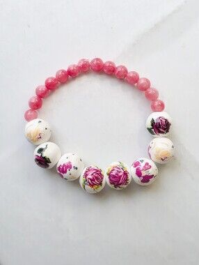 Floral Porcelain & Rose Quartz Beaded Bracelet Pink Shimmer Stretch Fits 7-7.5”